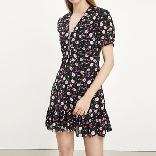 2021 Spring Summer Women Floral Mini Dress Lady Zipper V-Neck Short Sleeve Pleated Ruffles Trim Short Dresses Holiday Party