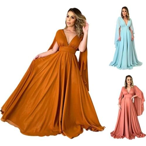 2020 Deep V-Neck Lady Party Dress Long SleeveGown Backless Ruched Woman Evening Gown
