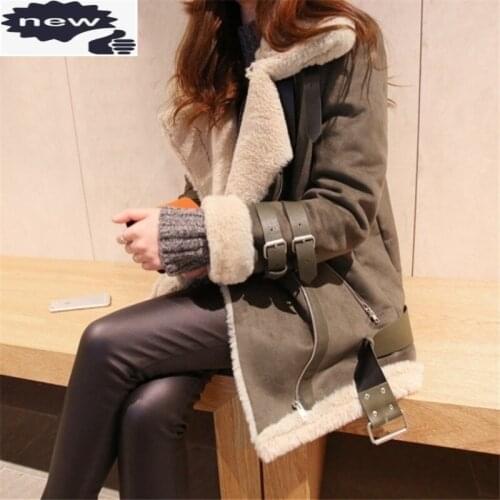 Winter Women Fur Lining Faux Suede Leather Warm Casual Outwear Coat Fashion Loose Fit Overcoat Buckle Motorcycle Jacket