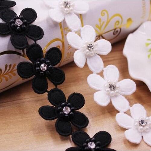 15Yards White Pearl Rhinestone Flower Handmade Beaded Embroidered Lace Edge Trim Ribbon Applique Wedding Dress Sewing Craft DIY