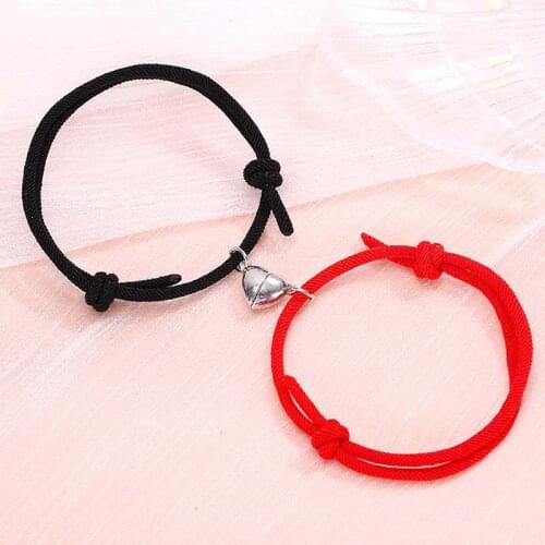 2Pcs/Set Heart Matching Friendship Bracelet Adjustable Lucky Red Rope Braided Magnetic Distance Bracelet 2021 New Couple Jewelry