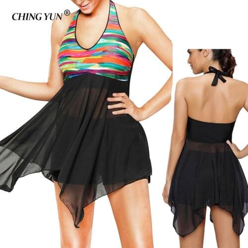 2018 Sexy Women Two-Piece Suits Dress Top and Trunks Bottom Plus size Contrast Color Tankini Swimwear Skirt Bathing suit L~5XL