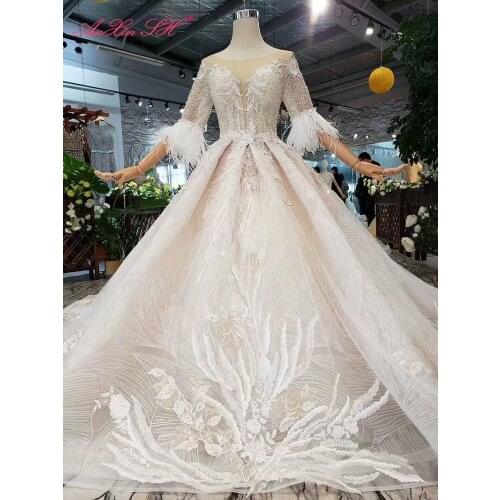 AnXin SH Luxury princess white flower lace o neck illusion half sleeve feather ball gown lace up wedding dress 100% real photo