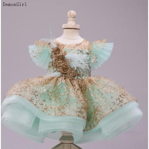 Glitter Green Baby Girl Birthday Dress Puffy Tulle Kids Prom Clothing Outfits Photoshoot for Ceremony