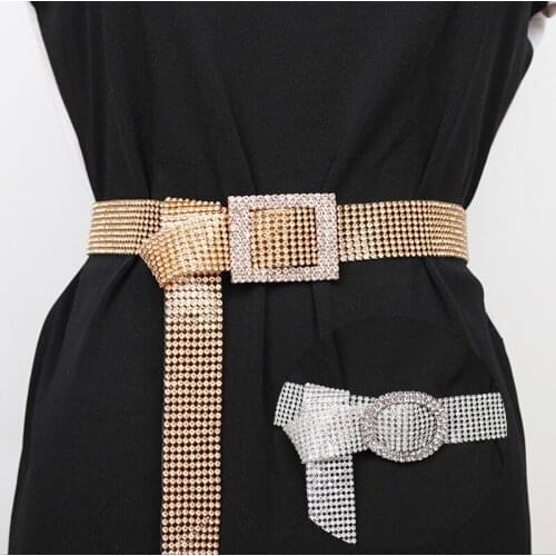 Shiny Rhinestone Waist Belt Gold Silver Buckle Patchwork Adjustable Waistband Chic Streetwear Lady Jewelry Waist Belts