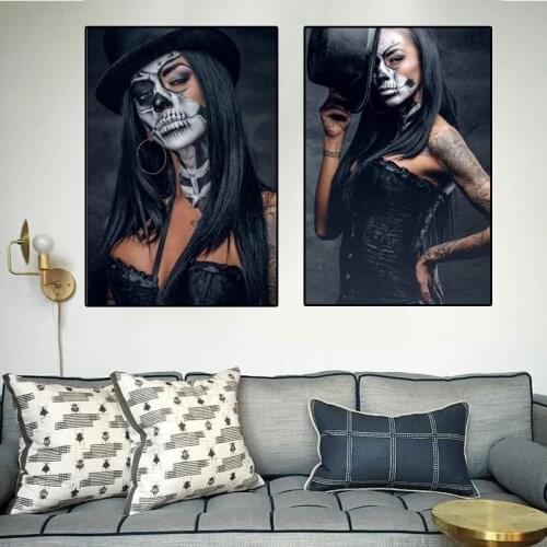 Skull Tattoo Girl Canvas Figure painting Modern Black Women Wall Art Posters painting for the Wall Canvases Cuadros Hoom Decor