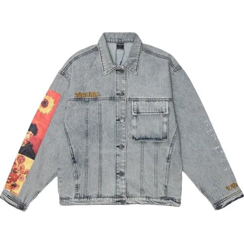 Van Gogh Painting Patchwork Embroidery Denim Jackets Hip Hop Casual Loose Jean Jackets Streetwear Fashion Outwear Coats