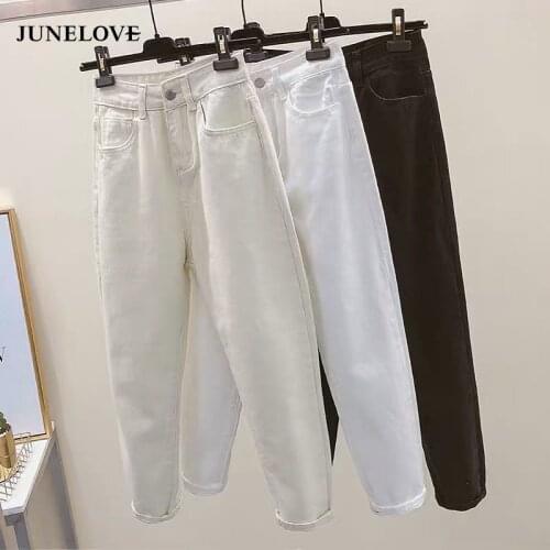 JuneLove Jeans Womens New Korean Fashion Loose Cropped Trousers Slim High Waist Retro Street Mom Zipper Pocket Women Long Pants