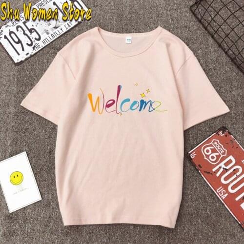 Casual O-neck welcome Letter Print Women T-shirt 2020 Summer Short Sleeve Loose Female Basic Tops Shirt Ladies Tees Cotton