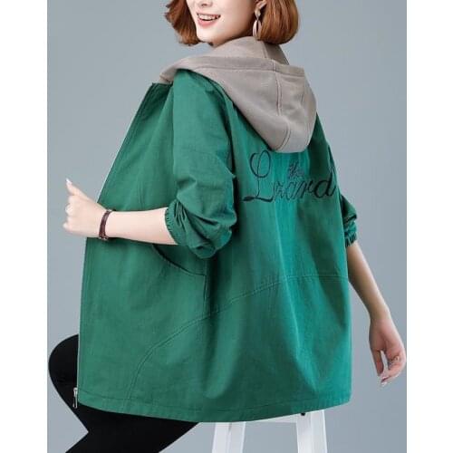 Women Jacket Spring Autumn New Letter Printed Double Layer Cotton Windbreaker Large Size Female Loose Hooded Coat And Lined T561