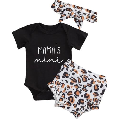 0-18M 3Pcs Leopard Clothing Toddler Baby Girl Letter Printed Short Sleeve Black Bodysuit Top Leopard Pants Outfit