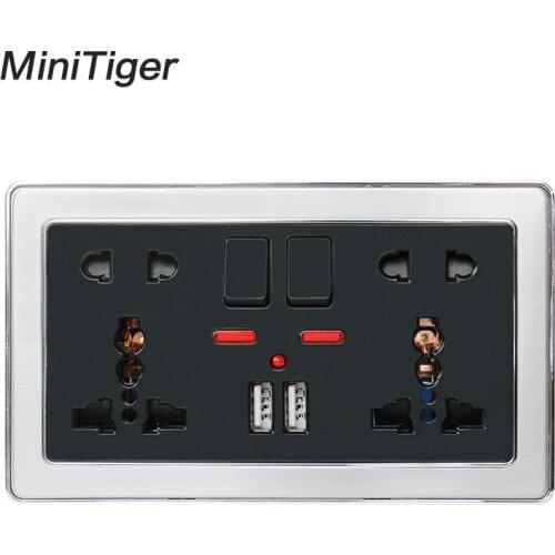 Minitiger Double Universal 5 Hole Switched Wall Socket With Neon 2.1A Dual USB Charger Port Stainless Steel Frame Black Outlet