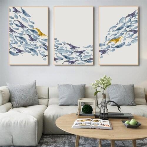 Nordic Abstract Fish Group Posters and Prints Blue Style Wall Art Canvas Painting Minimalism Decorative Picture for Living Room