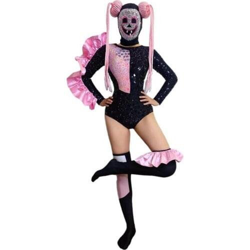 Halloween New Black Pink Splicing Shiny rhinestones lovely Bodysuit Long Sleeve Celebrate Party Prom Men Women Outfit Stage Set