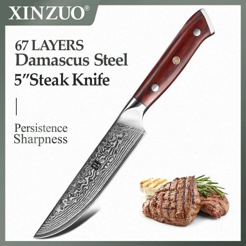 XINZUO 5'' Steak Knife Damascus Stainless Steel Kitchen Knife Top Quality Chef Cutter Lasting Sharp Blade Knives Rosewood Handle