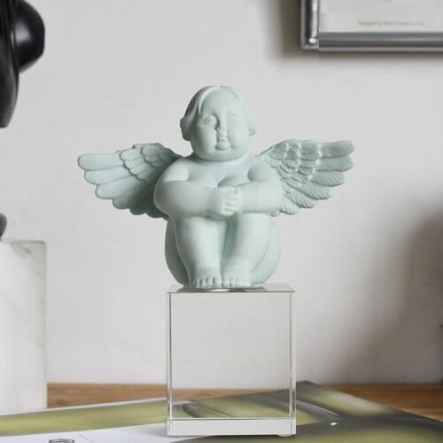SIMPLE MODERN LIGHT GREEN FAT ANGEL FIGURINE STATUE ANGEL CHILD CRYSTAL BASE ART SCULPTURE RESIN CRAFTS HOME DECORATION R2247