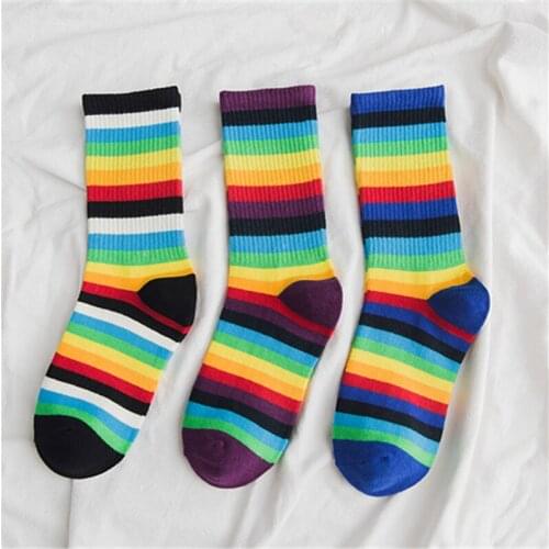 Muluhu Kawaii Socks Women Cotton Standard Casual Multi-striped Rainbow Socks Fashion Skateboard Cute Funny Socks Female Gift