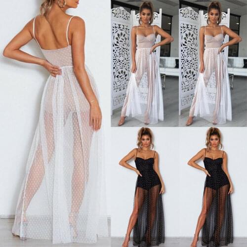 Sexy Womens Boho Perspective Polka Dot Lace Sheer See-through Bodycon High Waist Long Maxi Dress Beach Cover Up Dress