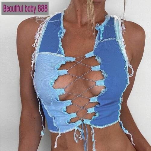 Meqeiss sexy Bandage cut out Hole crop tops women camisole 2021 summer chic Punk style Ribbed knitting tank top club wear mujer