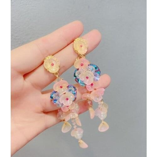 Korean Fashion Fabric Flower Drop Earring Crystal Rhinestone Pearl Tassel Long Earrings for Women Girls Trendy Jewelry