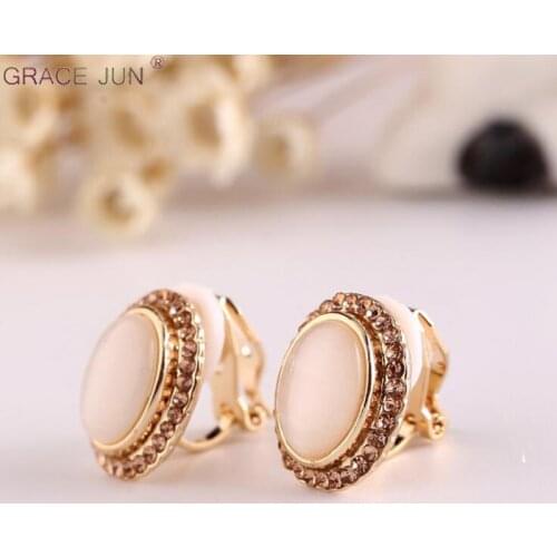 GRACE JUN Gold Color Stone Rhinestone Geometric Clip on Earrings for Women Popular Without Pierced Earrings Charm Jewelry 2019