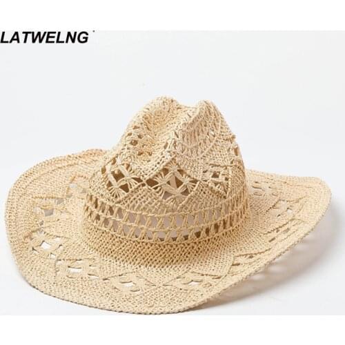 Women Handmade Retro Hollow Jazz Hat Summer Cooling Beach Hats Curled Edge Straw Cap Rider Sunshade Hat Traveling Hat Wholesale
