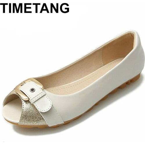 TIMETANG Summer Casual Shoes Female Large Size41 42 43 Buckle Peep Toe Flats Comfortable Gilrs Flat Shoes Mixed Color Women Flat