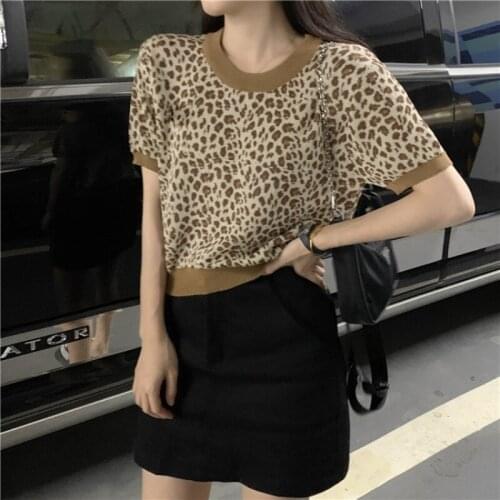 2021 Room 206313, Row 6, No.2 Middle] Non Real Shot Net Red Picture Round Neck Leopard Print Short Sleeve Knitted T-shirt 29