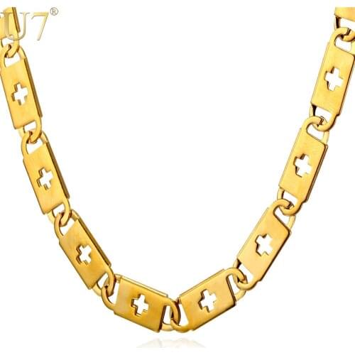 U7 Men Necklace New Brand 4 Size Cross Hollow Stainless Steel Gold Color Chain Necklaces Men Jewelry N544