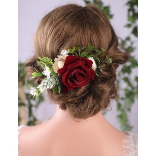 Vintage Red Rose Hair Comb Classical Headpiece Wedding Bridal Hair Accessories Symbols of Love and Beauty for Women Ornaments