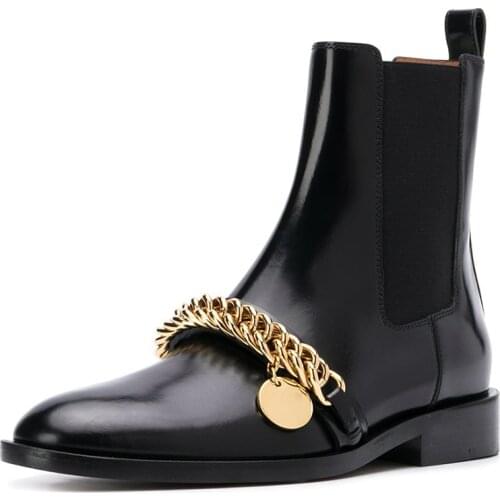 Womens Pointed Toe Genuine Leather Ankle Chelsea Boots Gold Metal Chain Shoes Warm Winter Black New 2022