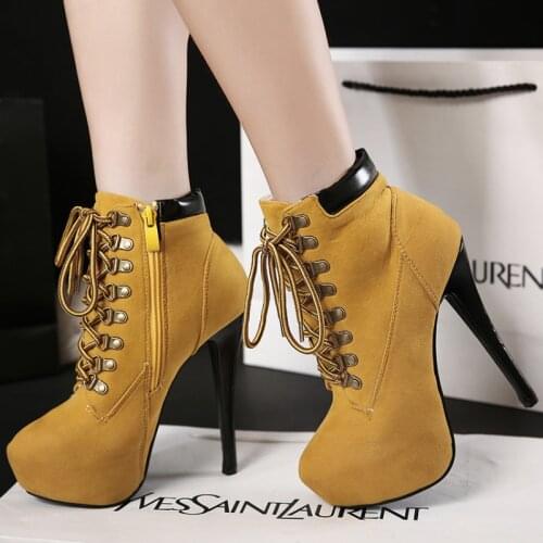 Women Pumps Sexy High Heel Boots Cross Tied Platform Ladies Stiletto Ankle Female Faux Suede Zipper Ankle Boots Woman High Heels