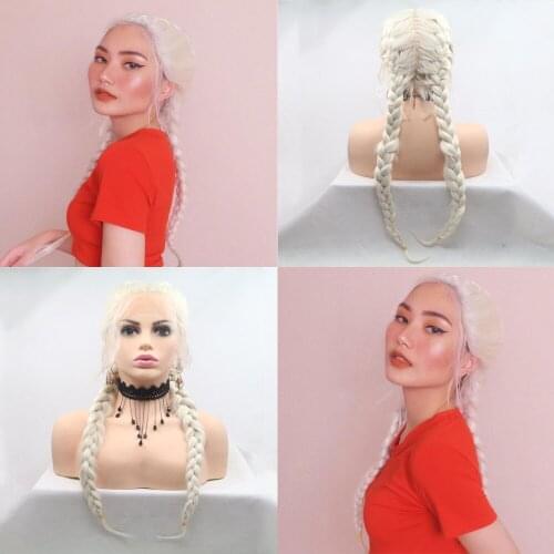 Platinum Blonde Braided Long 24" Wig 2 Braids Highlight Big Braiding Blonde White Synthetic Lace Front Wig for Women