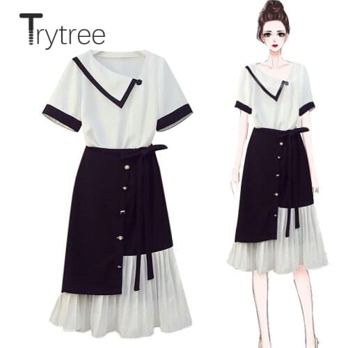 Trytree Summer Women two piece set Casual V-neck Solid Chiffon Loose Tops + Skirt Patchwork Pleated A-line Fashion 2 piece Set