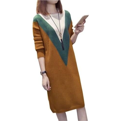 Women Winter Knitted Dresses Fashion Loose Plus size Casual Dress O- neck Long sleeve Matching Color Knitt Sweater Dress OK638