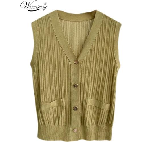 Summer Women Cotton Solid Color Vest Single-Breasted Waistcoat Retro BasicThin Soft Knitted Sleeveless Jacket Office Lady B-125