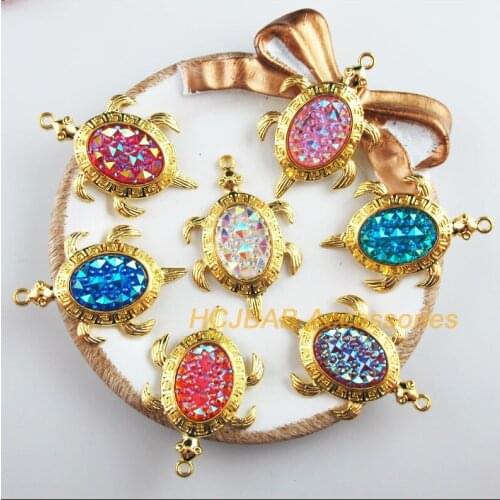 7 New Tortoise Charms Gold Plated Retro Mixed Oval Resin Pendants 27.5x41.5mm