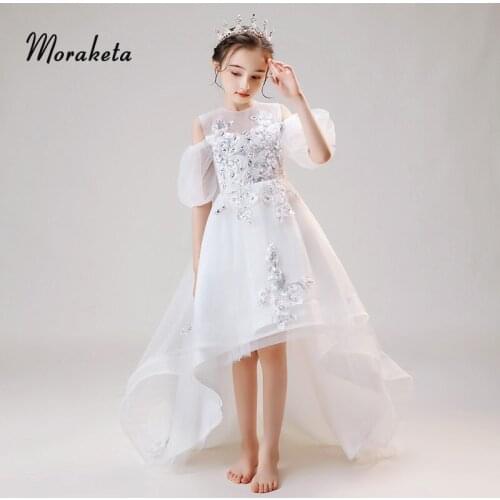 White High Low Flower Girl Dresses 2020 Elegant O-neck Off The Shoulder Beaded Appliques Tulle Dresses For Party And Wedding