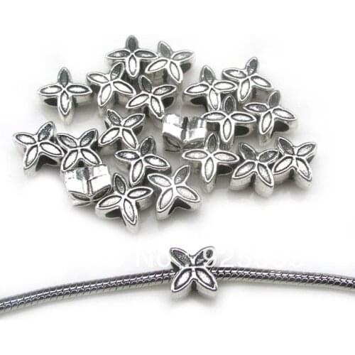 Free shipping 50pcs/lot 10x10mm dia. big hole antique metal four leaf clover beads fit European bracelet jewelry DIY