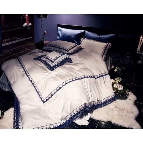 Noble 100S Egyptian cotton Tencel Silky Bedding set Queen King Luxury Blue Lace Edge Royal Duvet cover Bed sheet set Europe 4pcs