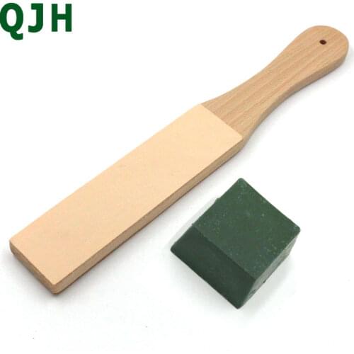 Wood Handle Leather Sharpening Strop Knife Razor Polishing Board with Polish Compound 2 Sided Made From Veg Tanned Cowhide