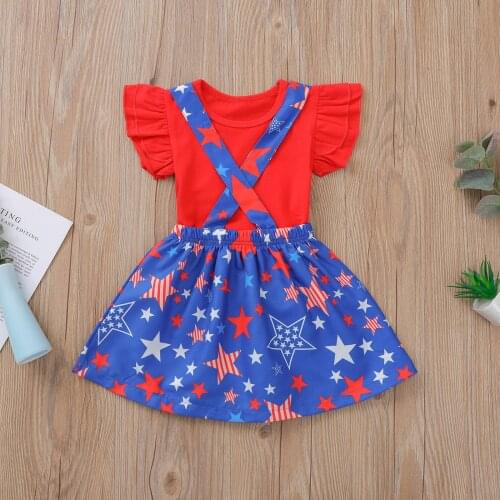 Kid Short-sleeved + Strap Skirt, Independence Day Print, Classic Round Neck Summer Clothing