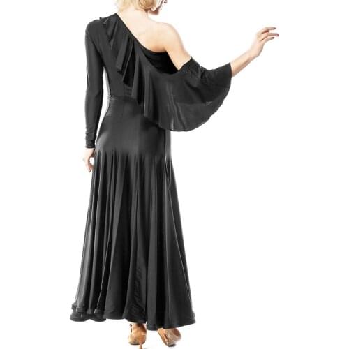 Ballroom dance modern dance one long sleeve one off-shoulder ruffed flare collar strapless long dress W12027