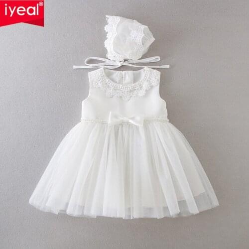 IYEAL Newborn Baby Girls Clothes Dresses With Hat Lace Princess Baby Baptism Dresses Infant Wedding Christening Dress Vestidos