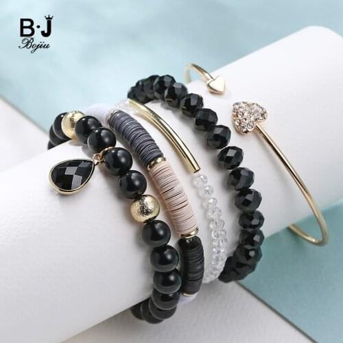 Bojiu Classic Black Onyx Bead Crystal Plating Gold Heart Bangle Black Drop Pendant Mixed Bracelet 5pcs/set BCSET41