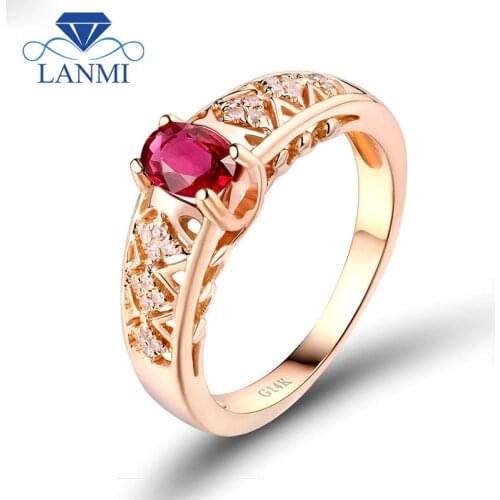 LANMI Vintage Oval 4x6mm Natural Ruby Ring Wedding Anniversary Diamond Solid 14Kt Yellow Gold Genuine Gemstone Jewelry SR00444