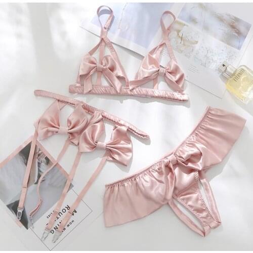 3PCS Set Sexy Underwear Open Dew Cream Bra Lingerie Bow Knot Bra Crotchless Panties Garter Beltes Satin Set Women Intimates