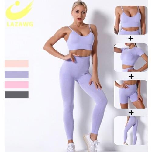 LAZAWG 4PCS Seamless Sports Set Women Yoga Sets Crop Top T-shirt Bra Legging High Waist Solid Workout Leggings Gym Fitness Suits