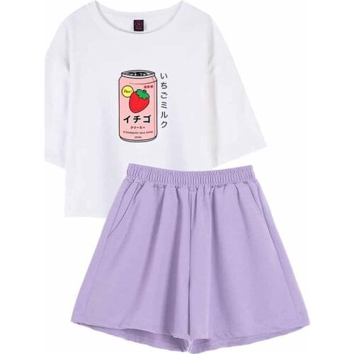 Shorts Sets Sleepwear Women Cotton Pajamas Loungewear Women Homewear Kawaii Top Strawberry Milk Pajamas Set Female Shorts