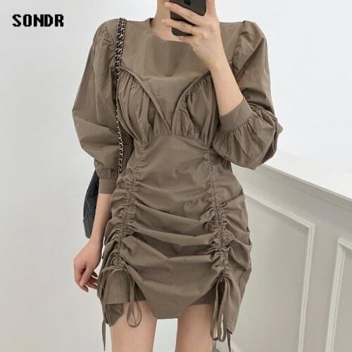 Korea Chic One-Piece Street Mini Dress Autumn Female Dress O Neck Fold Design Irregular Drawstring Seven-Point Puff Sleeve Dress